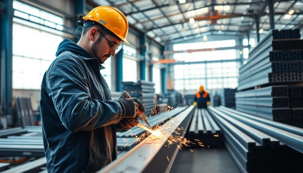 Workers engaged in structural steel fabrication with welding and steel beams.