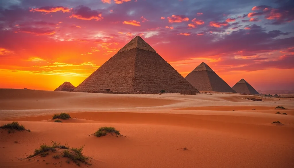 Explore the majestic pyramids of Egypt under a colorful sunset sky.
