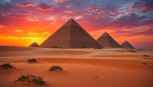 Explore the majestic pyramids of Egypt under a colorful sunset sky.