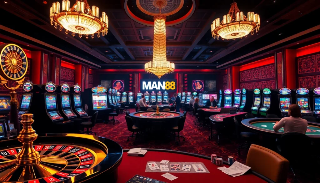 Experience the thrilling atmosphere of Man88 casino with vibrant slot machines and roulette.