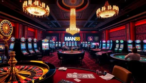 Experience the thrilling atmosphere of Man88 casino with vibrant slot machines and roulette.