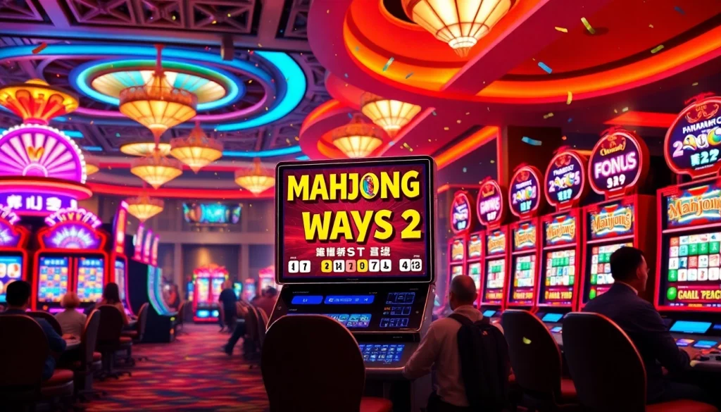Players enjoying the Mahjong Ways 2 slot game in a vibrant casino setting.