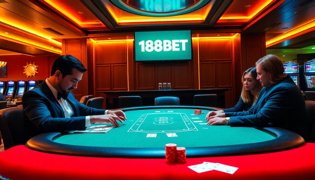 Players engaging at a 188BET poker table, showcasing excitement in a luxurious casino setting.
