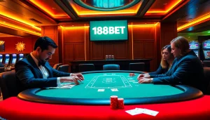 Players engaging at a 188BET poker table, showcasing excitement in a luxurious casino setting.