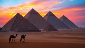 Pyraminds of Giza silhouetted at sunset with a camel caravan in the foreground.