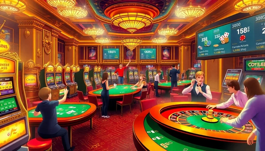 Excited players engaging in thrilling games at MM88 casino, showcasing slot machines and roulette.