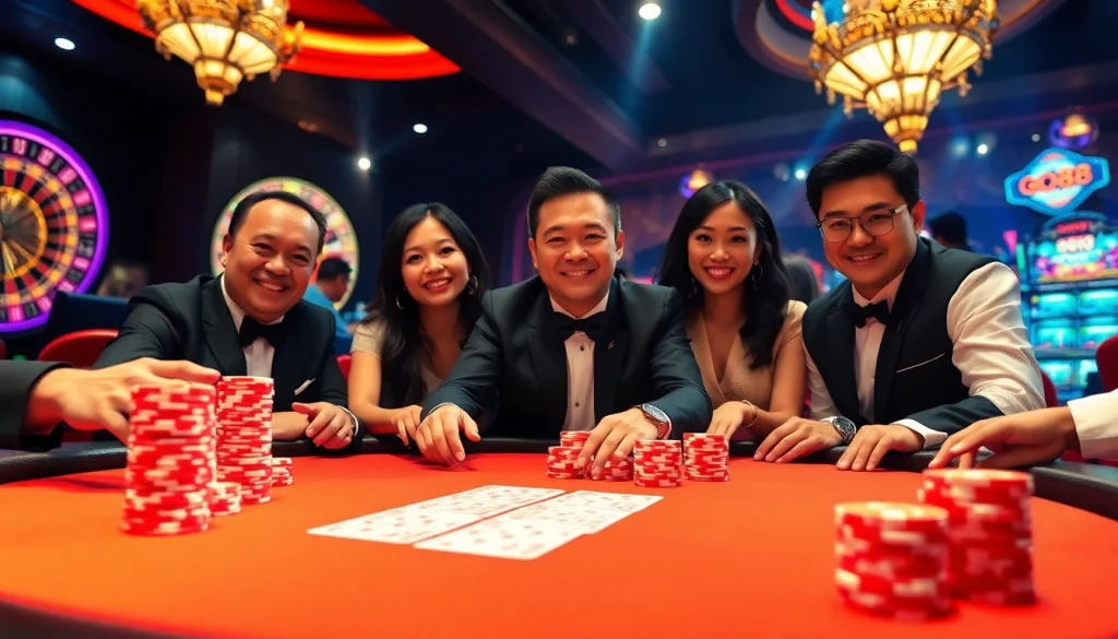 Players celebrate their wins at a luxurious GO88 casino table, showcasing poker chips and cards in an elegant setting.