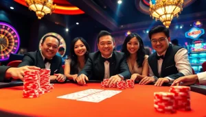 Players celebrate their wins at a luxurious GO88 casino table, showcasing poker chips and cards in an elegant setting.