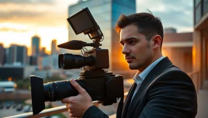 Showcasing corporate video production Calgary with a professional videographer capturing city events.