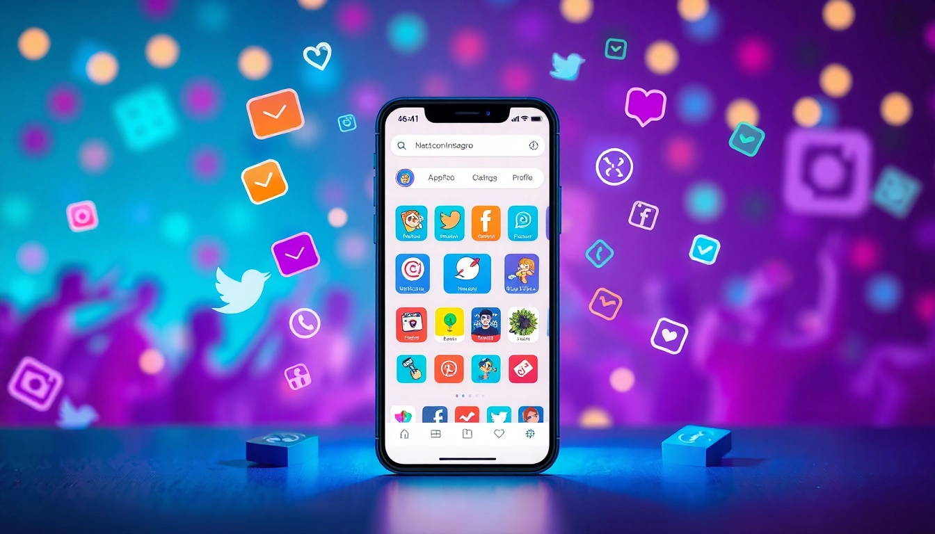 Showcase of instapro apk features on a smartphone with vibrant social media elements.