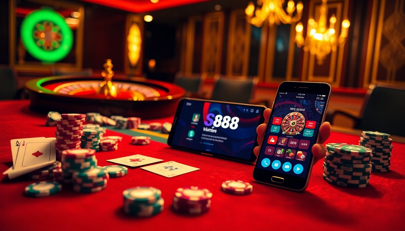 Experience the thrill of winning at trang chủ sa88, showcasing a dynamic casino atmosphere with cards and roulette.