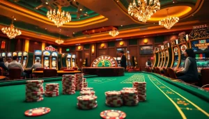 Exciting LV88 online casino scene with poker chips, roulette, and engaging players.