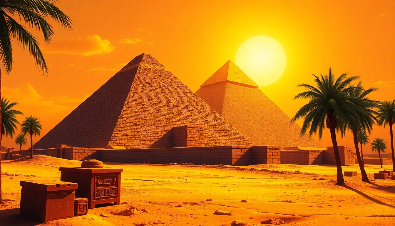Explore the majestic pyramids of Egypt illuminated by a warm sunset, featuring detailed hieroglyphs.