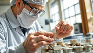 Valutazione e acquisto compro argento con monete in primo piano e strumenti professionali.