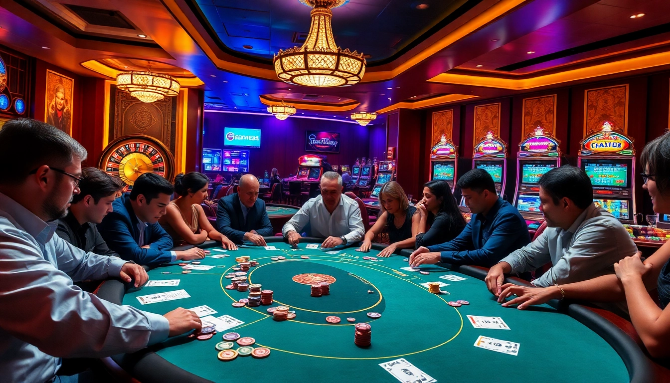 Players enjoying poker at a luxurious casino, representing https://rr88.navy/ gaming experience.