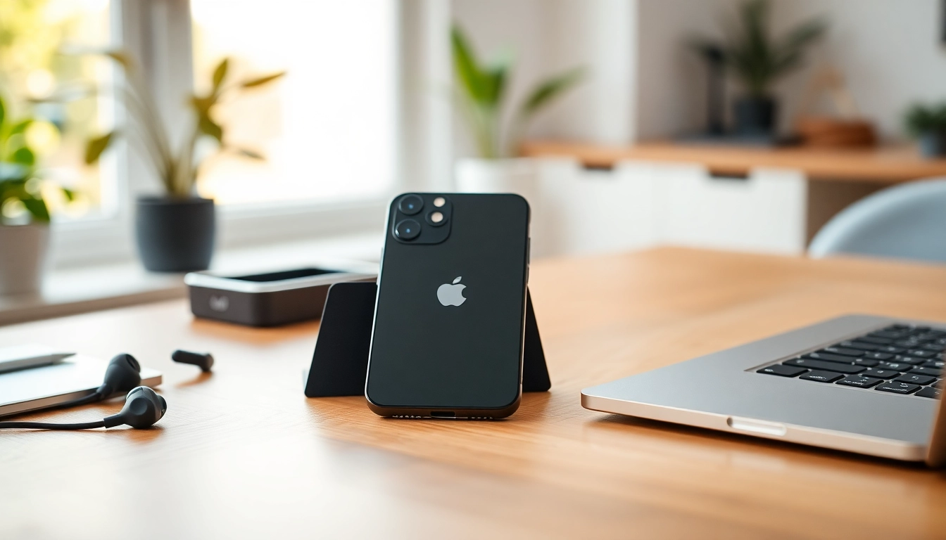 Ver iPhone 16e precio en un entorno moderno con accesorios tecnológicos y luz natural.