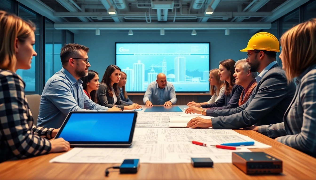Engaged construction association members collaborating over project plans in a conference room.