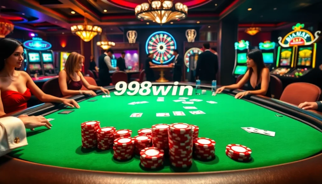 Players engaging in an intense poker game at 98win.com with shining chips and cards.