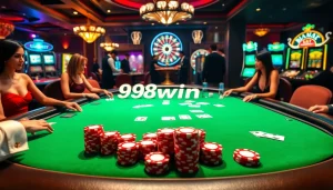 Players engaging in an intense poker game at 98win.com with shining chips and cards.