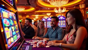 Pemain yang terlibat menikmati Utama4D Slot di mesin slot kasino yang hidup dengan lampu-lampu cerah.