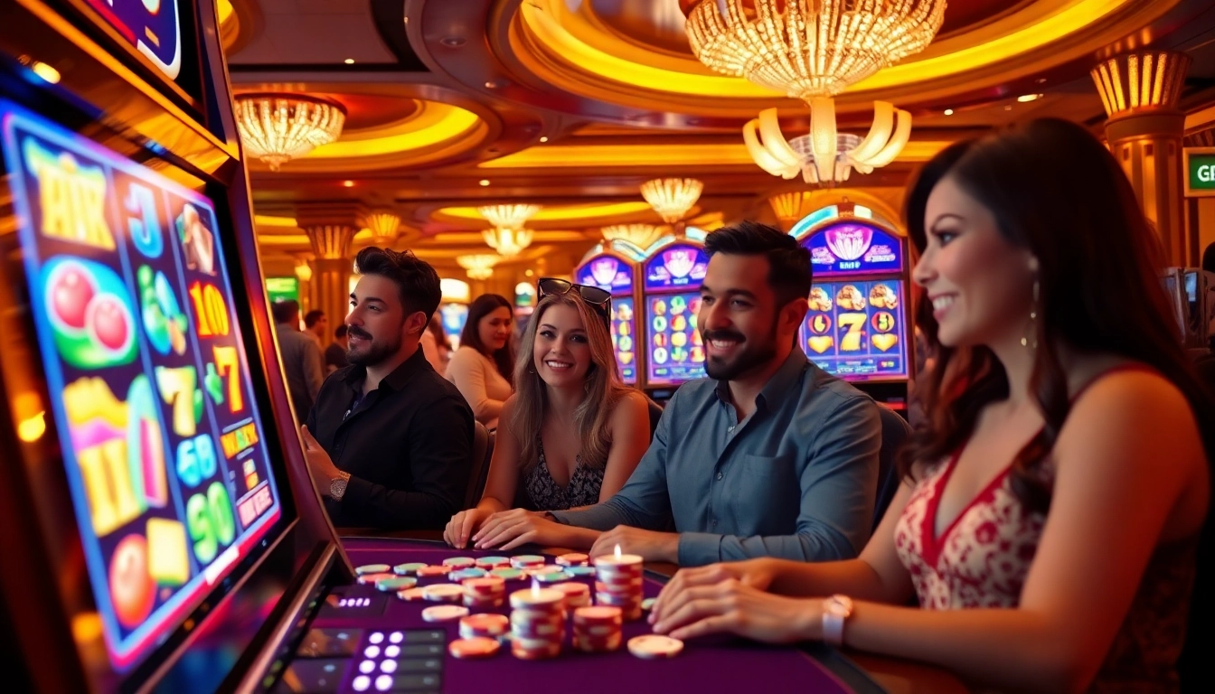 Pemain yang terlibat menikmati Utama4D Slot di mesin slot kasino yang hidup dengan lampu-lampu cerah.