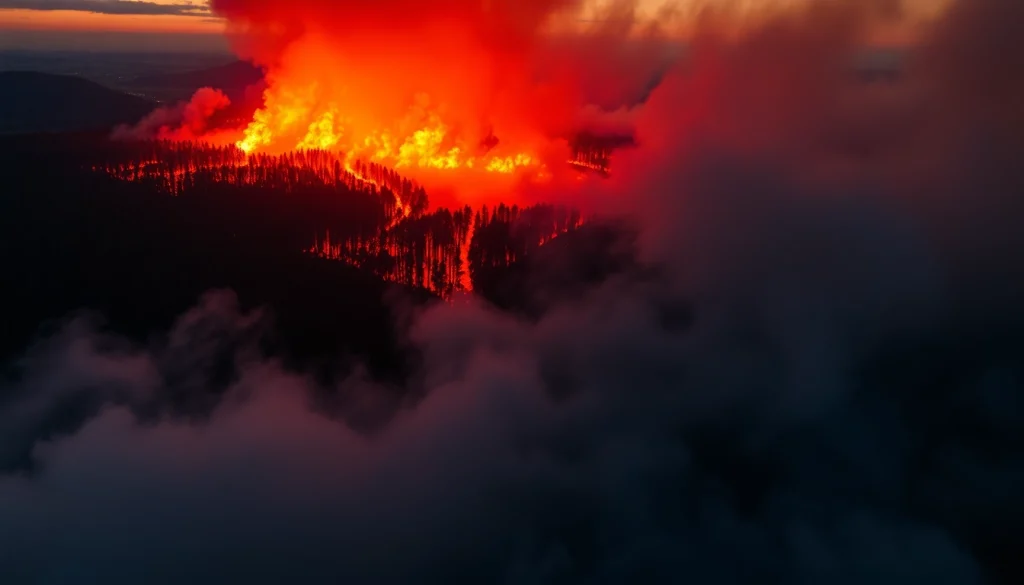 Capture of Wildfire events engulfing a forest, highlighting flames and smoke in dramatic sunset lighting.
