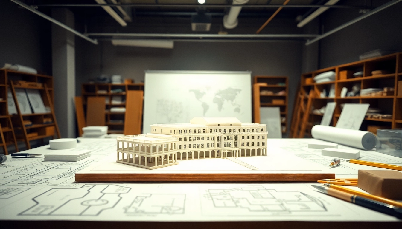 Architekturmodellbau Berlin auf einem professionellen Tisch mit detaillierten Bauwerken.