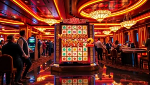 Experience Mahjong Ways 2 in this vibrant casino scene with players enjoying slot action.