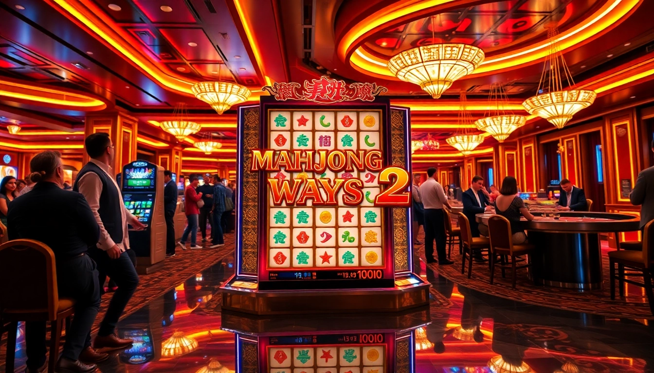 Experience Mahjong Ways 2 in this vibrant casino scene with players enjoying slot action.