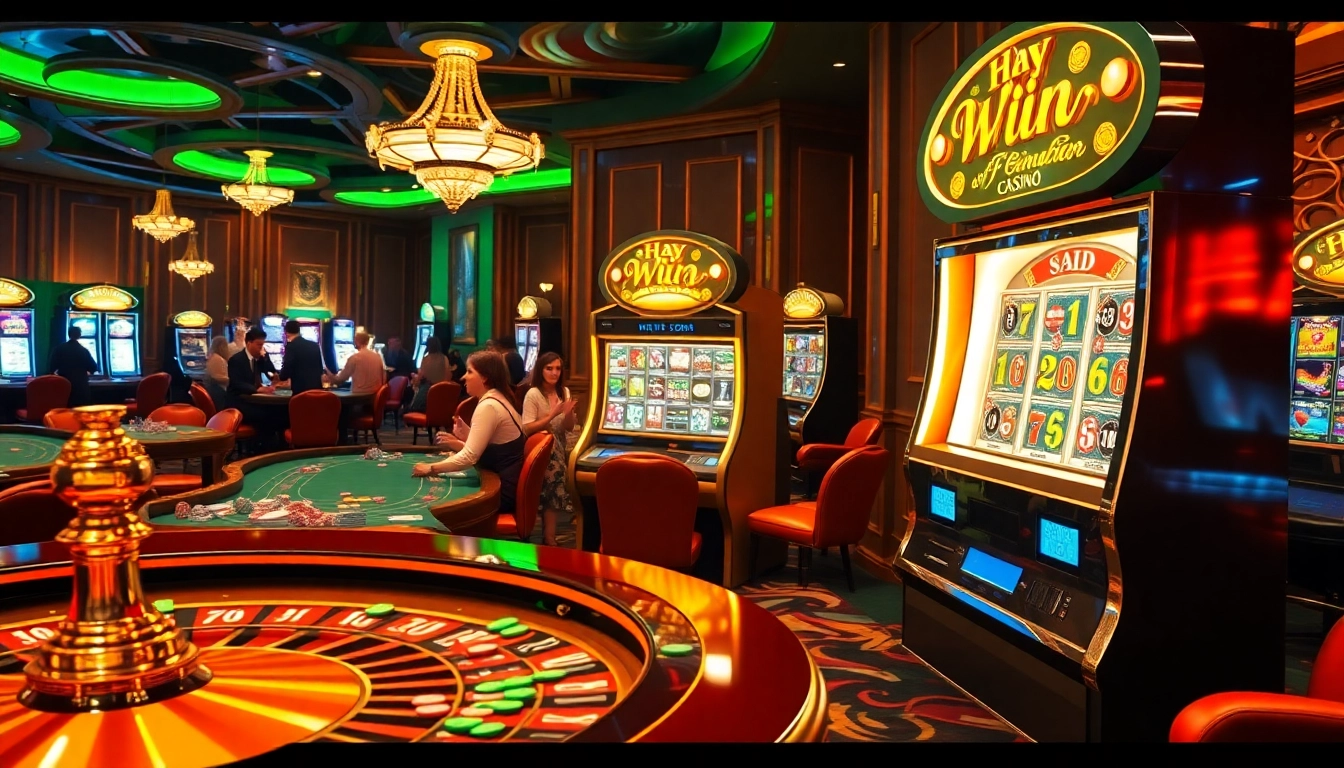 Excited gamblers experience the thrill of "Hay win" at a luxurious slot machine in a vibrant casino.