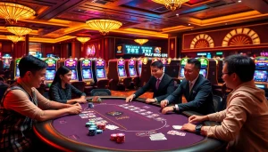 Players enjoying a thrilling poker game at Haywin Casino with vibrant chips and professional ambiance.