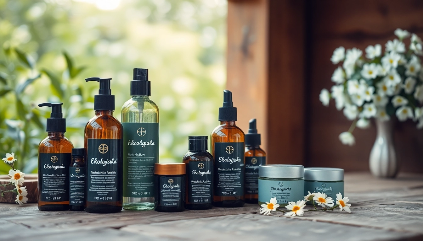 Ekologiska kosmetika buteliai natūralioje aplinkoje.