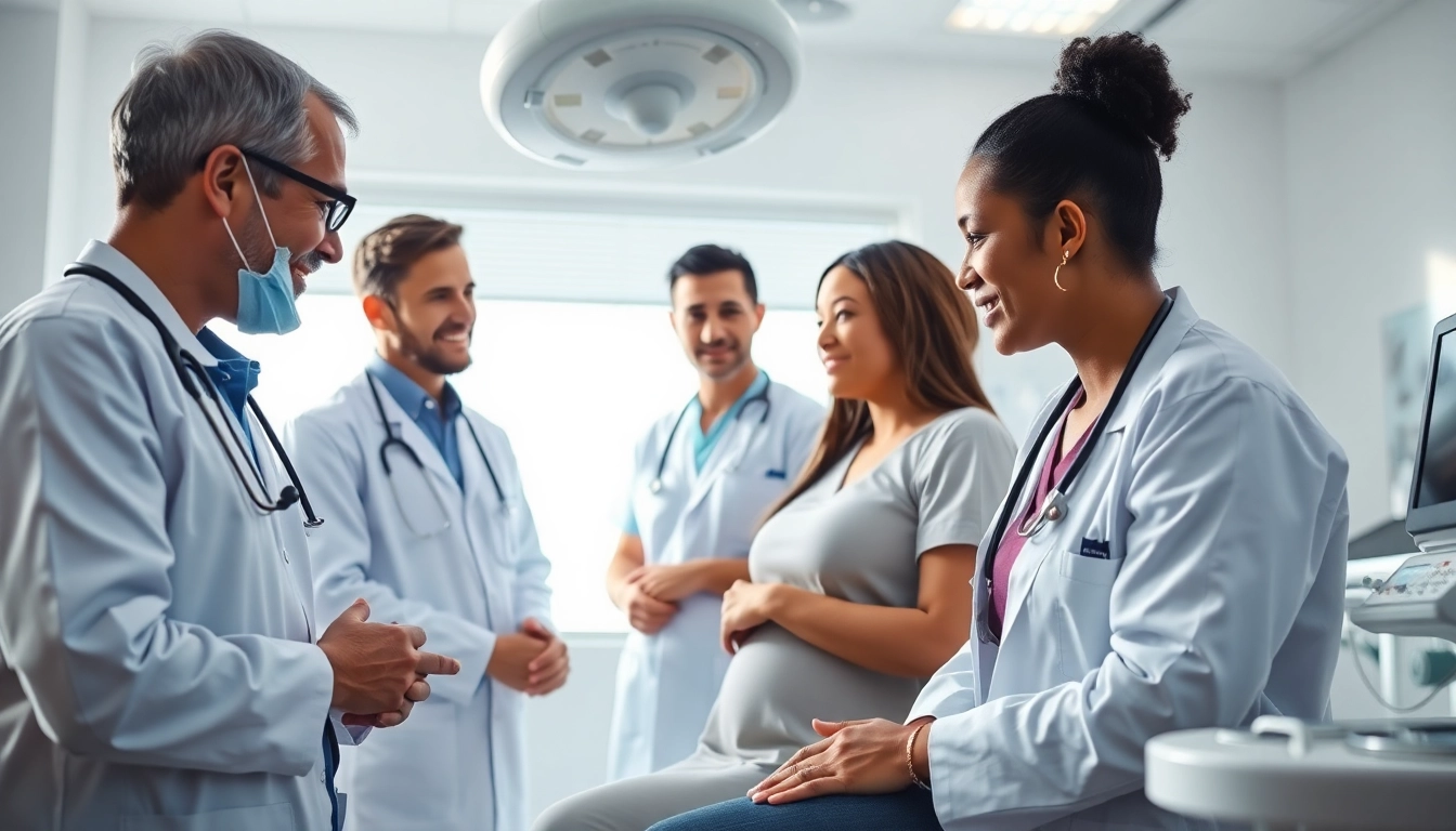 Scena di fecondazione eterologa con professionisti medici e coppia in consultazione.