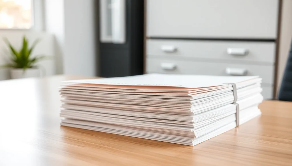 Filing documents organized in a professional workspace with a bright atmosphere.