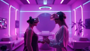 Engaging AI NSFW character interaction in a futuristic VR setting.