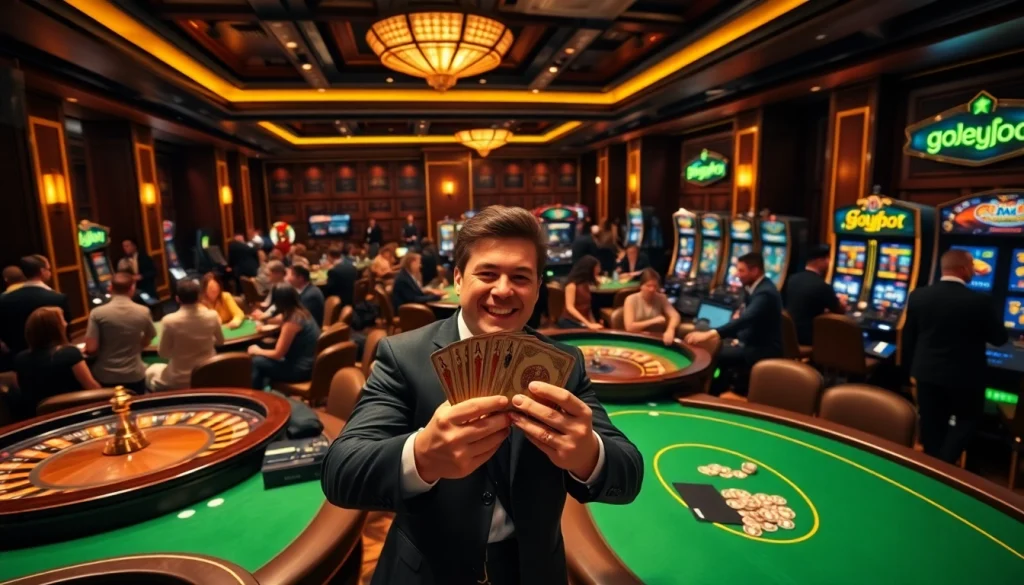 Experience the thrill of winning with gojekpot at an upscale casino featuring poker tables and slot machines.