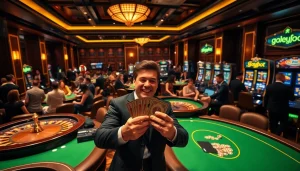 Experience the thrill of winning with gojekpot at an upscale casino featuring poker tables and slot machines.