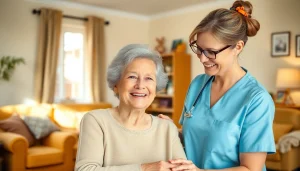 Caregiver assisting elderly person at home, promoting in home care austin tx services.