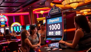 Players excitedly engaging with a slot deposit 1000 machine in a vibrant casino setting.