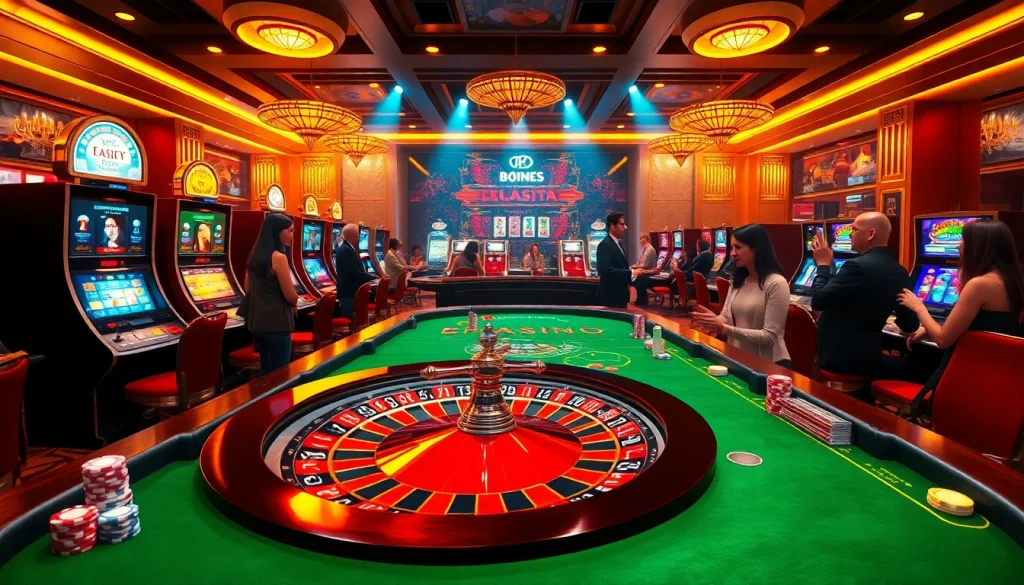 Engage with excitement at ketquabongda in a luxurious casino, showcasing vibrant poker chips and a roulette wheel.