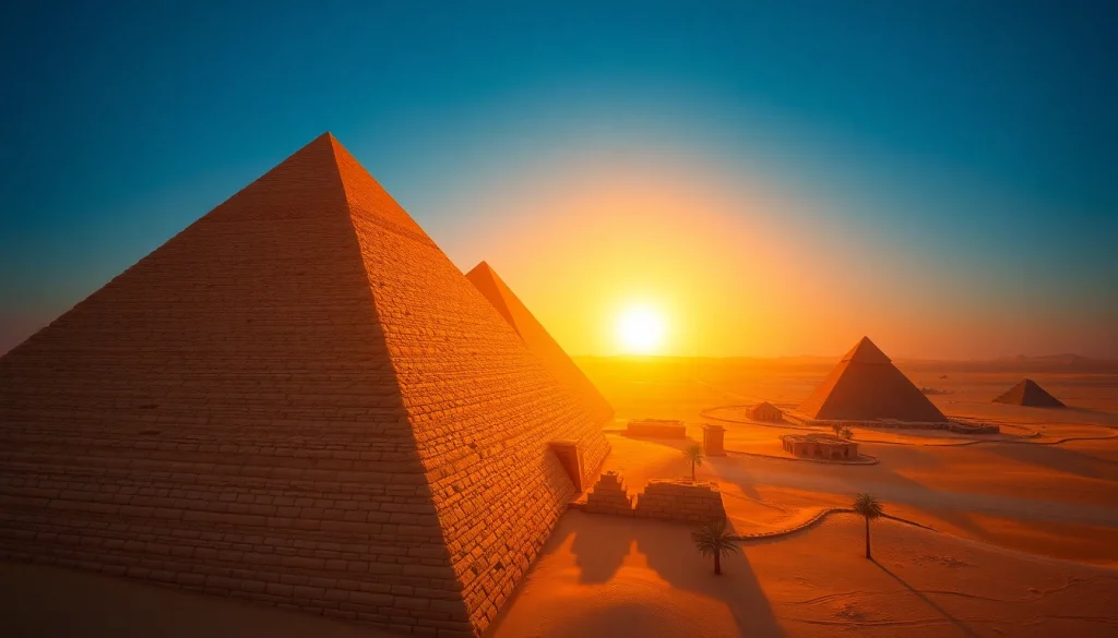 Explore the breathtaking piraminds of Giza highlighted against a dramatic sunset backdrop.
