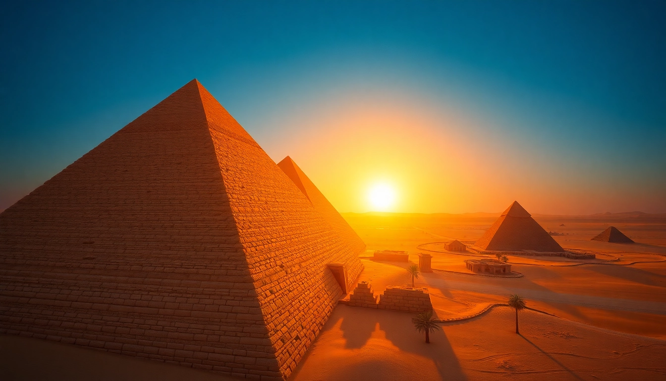Explore the breathtaking piraminds of Giza highlighted against a dramatic sunset backdrop.