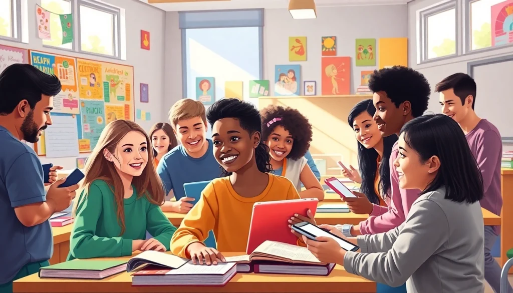 Education-focused classroom with diverse students engaging in collaborative learning.