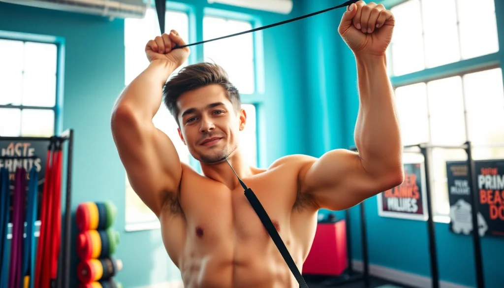 Fit individual demonstrating effective use of a pull-up assist band in a vibrant gym setting.
