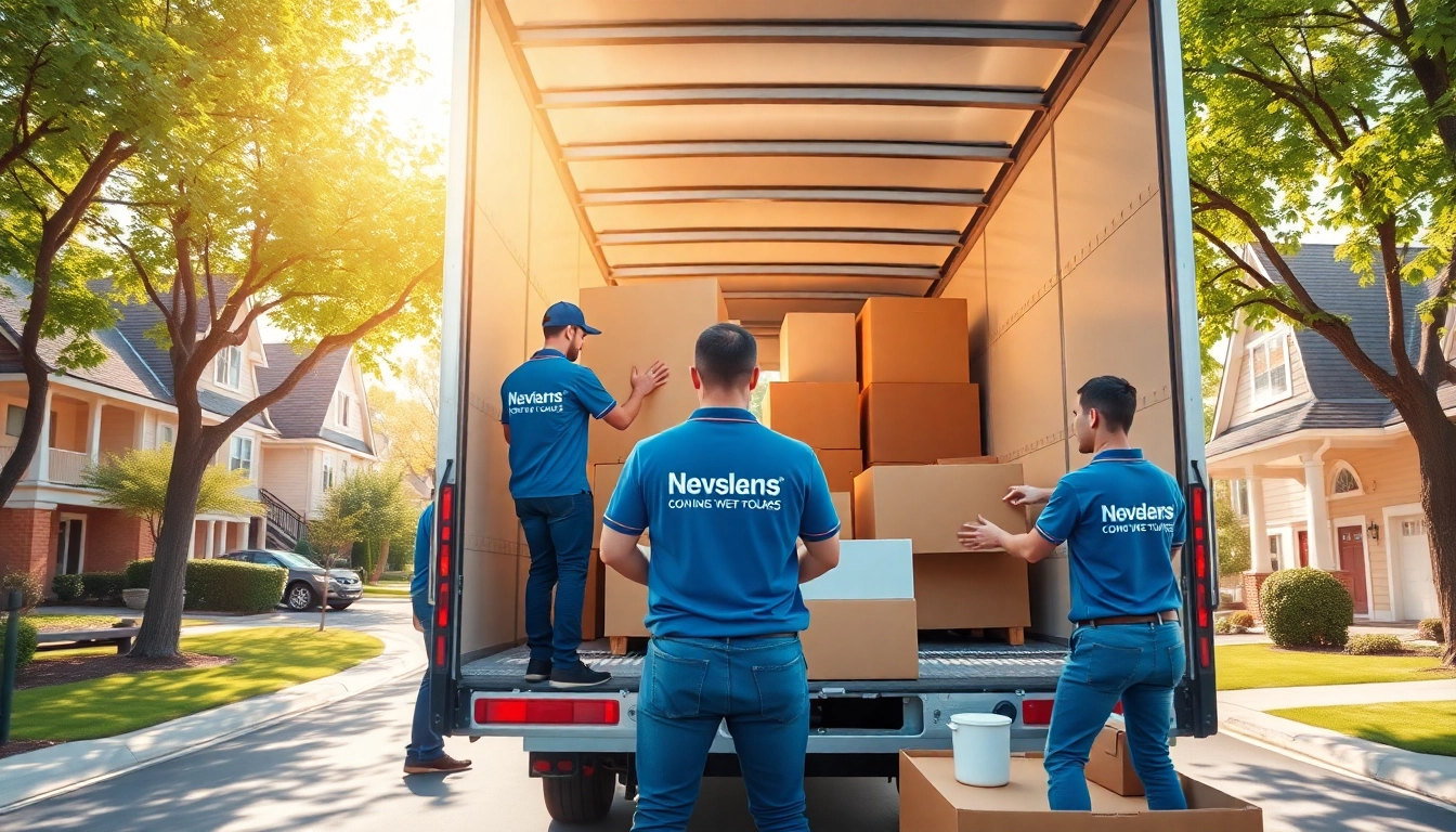 Movers efficiently loading furniture into a truck with care in a vibrant suburban setting.
