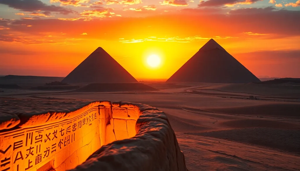 Discover the majestic pyraminds of Giza illuminated by a sunset backdrop revealing ancient history.