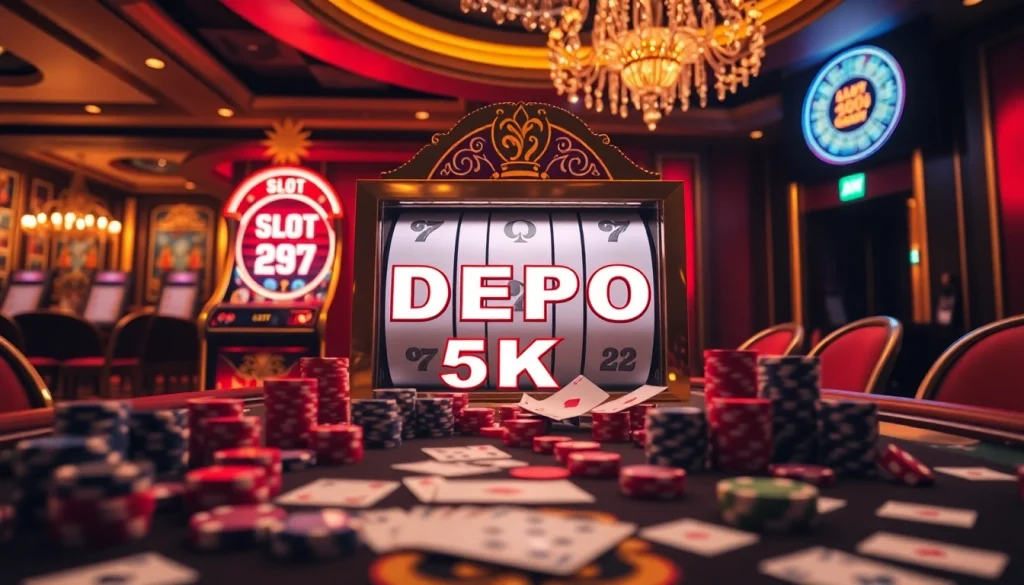 Seorang pemain berinteraksi dengan mesin slot Depo 5K dalam suasana kasino yang hidup penuh kartu dan keping poker.