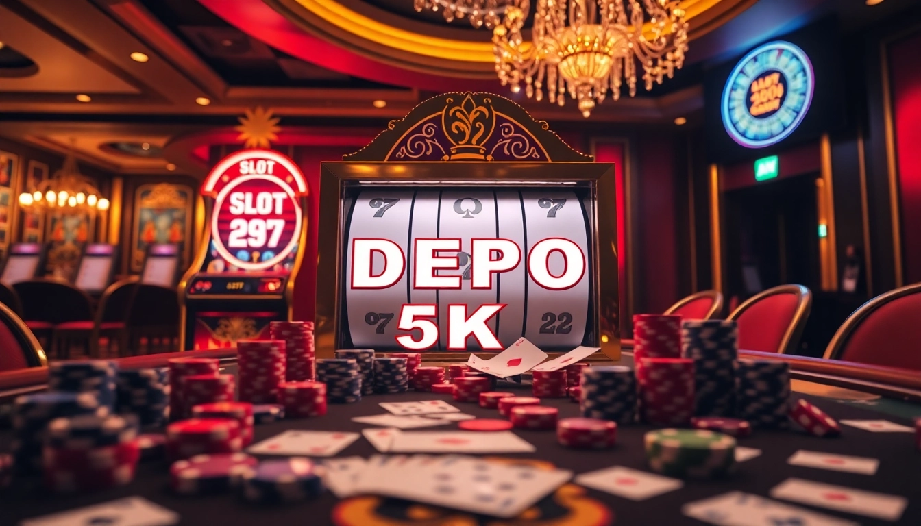 Seorang pemain berinteraksi dengan mesin slot Depo 5K dalam suasana kasino yang hidup penuh kartu dan keping poker.