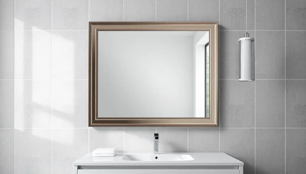 Admiring the elegant bathroom mirror reflecting a stylish and modern bathroom design.