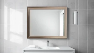 Admiring the elegant bathroom mirror reflecting a stylish and modern bathroom design.